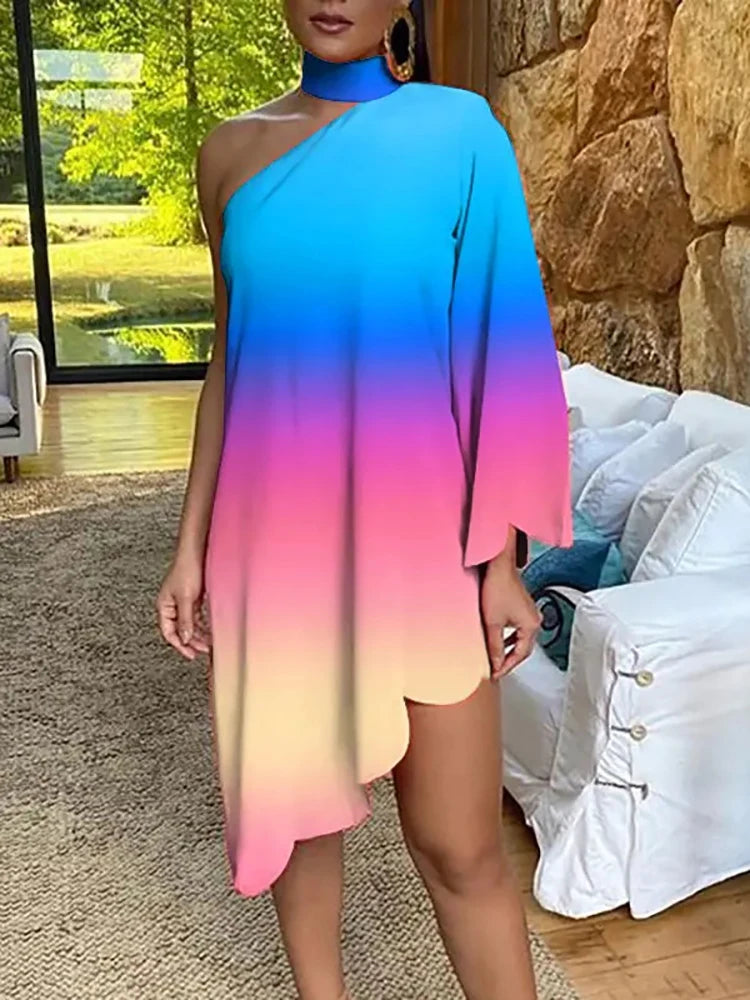 Vintage Women's Autumn Irregular Dress Sexy Halter One-shoulder Club Party Dress Elegant Long Sleeve Peacock Print Dress Vestido